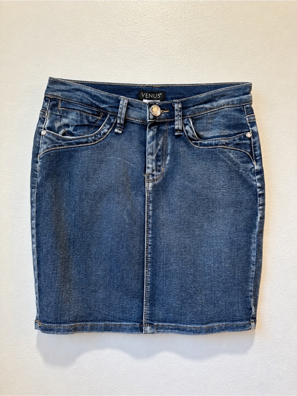 VENUS Denim Mini Skirt Size 2 Crystal Button Y2K Embroidered Medium Wash